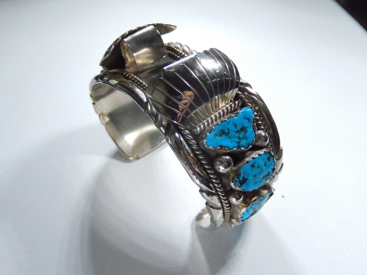 VTG Mens Native American Navajo Sterling Silver Turquoise Watch Cuff Bracelet