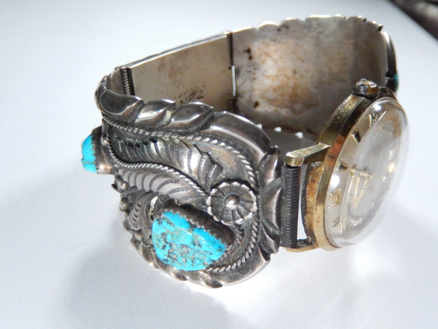 *VINTAGE* Navajo B. Nez Sterling Silver Turquoise Watch Bracelet  116.4 grams