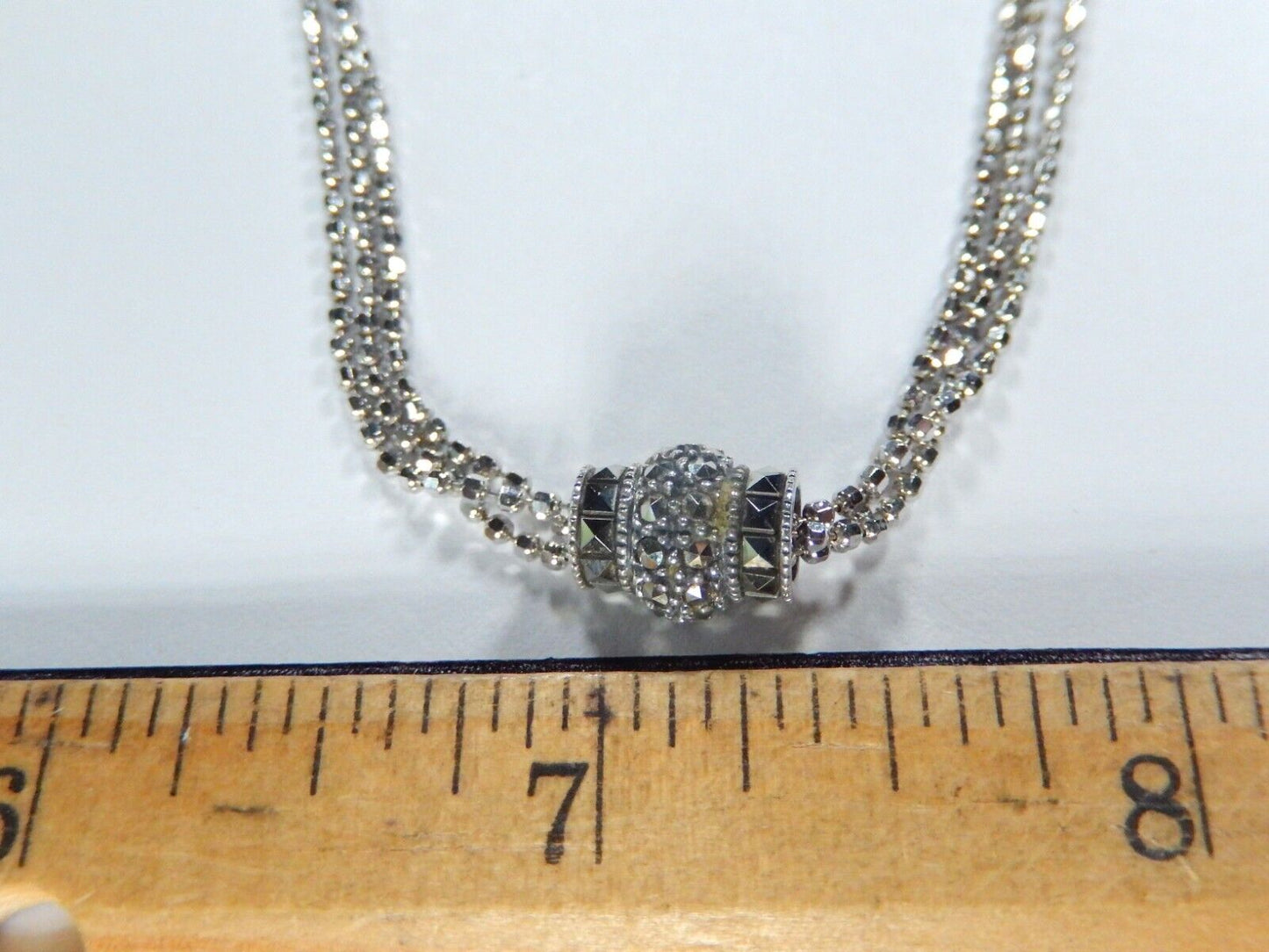 VINTAGE Sterling Silver Ball Bead Link Three Strand & Pendant Chain 16" Necklace