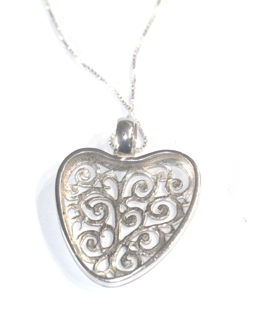 *VINTAGE* LARGE Sterling Silver Scroll Openwork Large Heart Pendant w/18" Chain