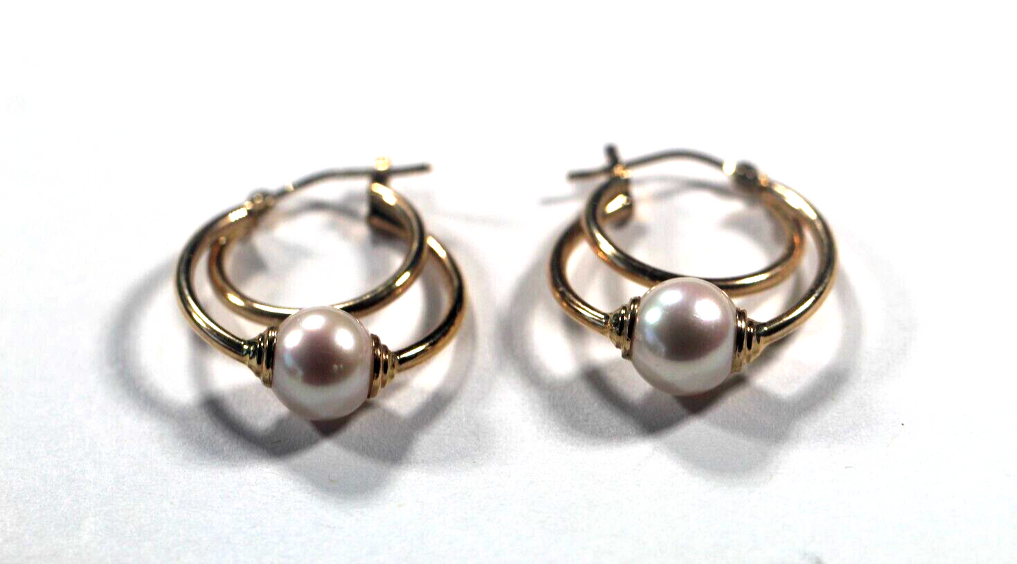 Solid 14K Yellow Gold 20 mm Double Hoop 8 mm Round Pearl Earrings