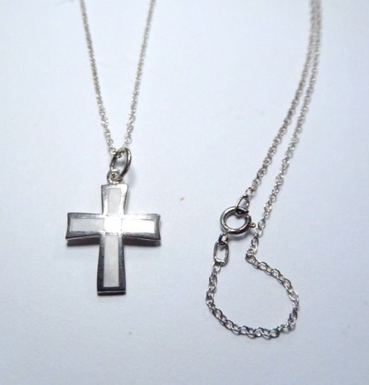 *VINTAGE* Sterling Silver Mother of Pearl Cross Necklace w/ 925 Italy  18"Chain