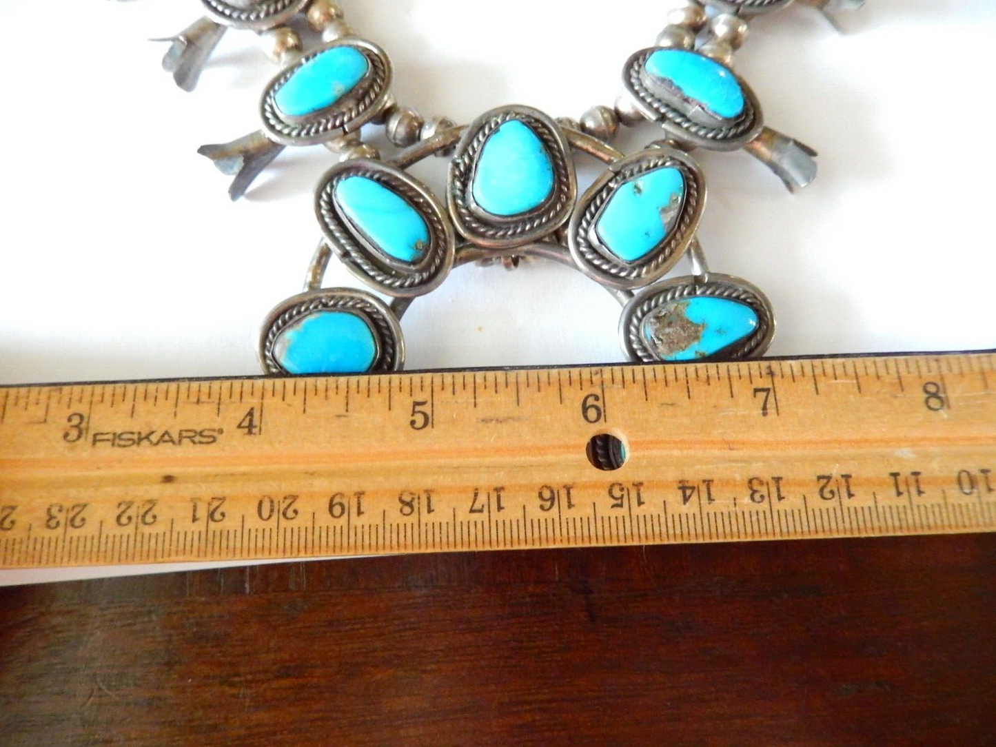 Vintage Navajo Sterling Silver & Turquoise Squash Blossom Necklace 155 gm - 24"