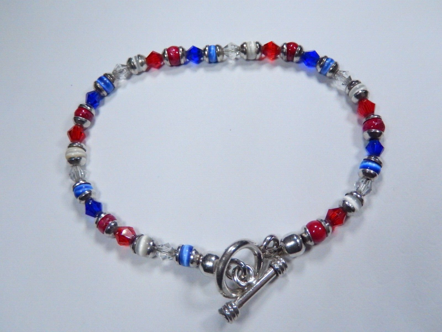 VINTAGE Solid Sterling Silver 925 Red White Blue Gemstone Beaded Bracelet 7.5"