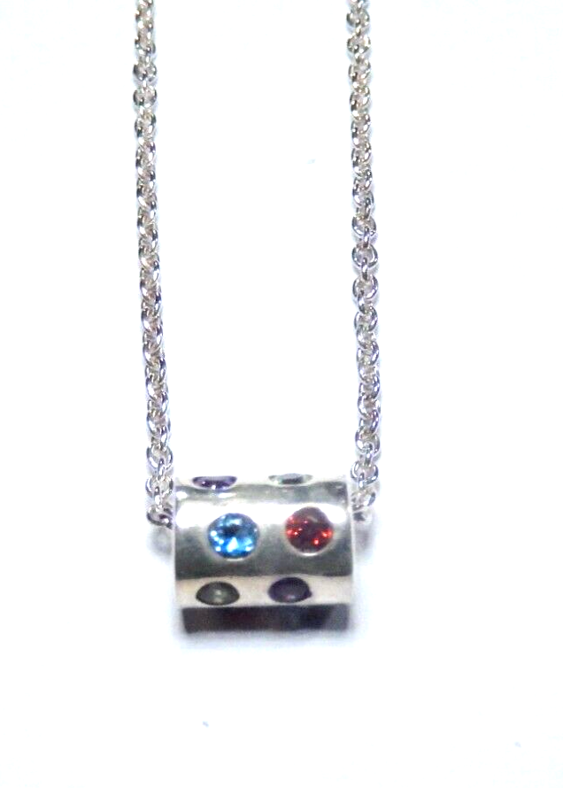 *VINTAGE*  Sterling Silver Rainbow Multi Gemstone Barrel Pendant w/16" Chain