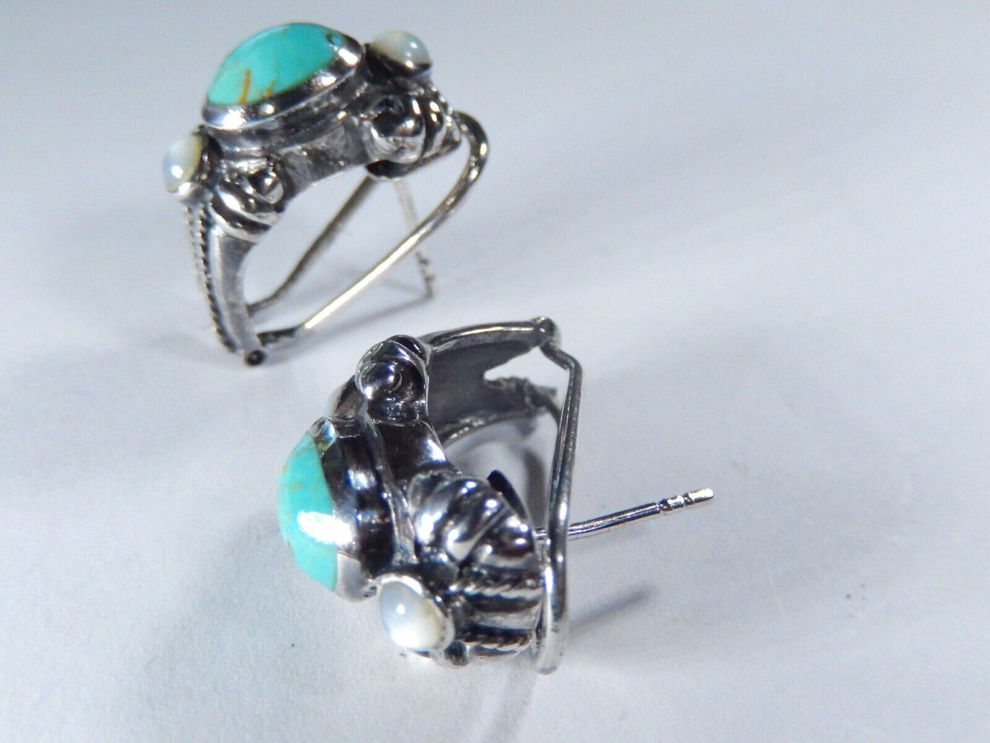 Southwestern Sterling 925 Silver Turquoise & Mother of Pearl Lever Back Earrings