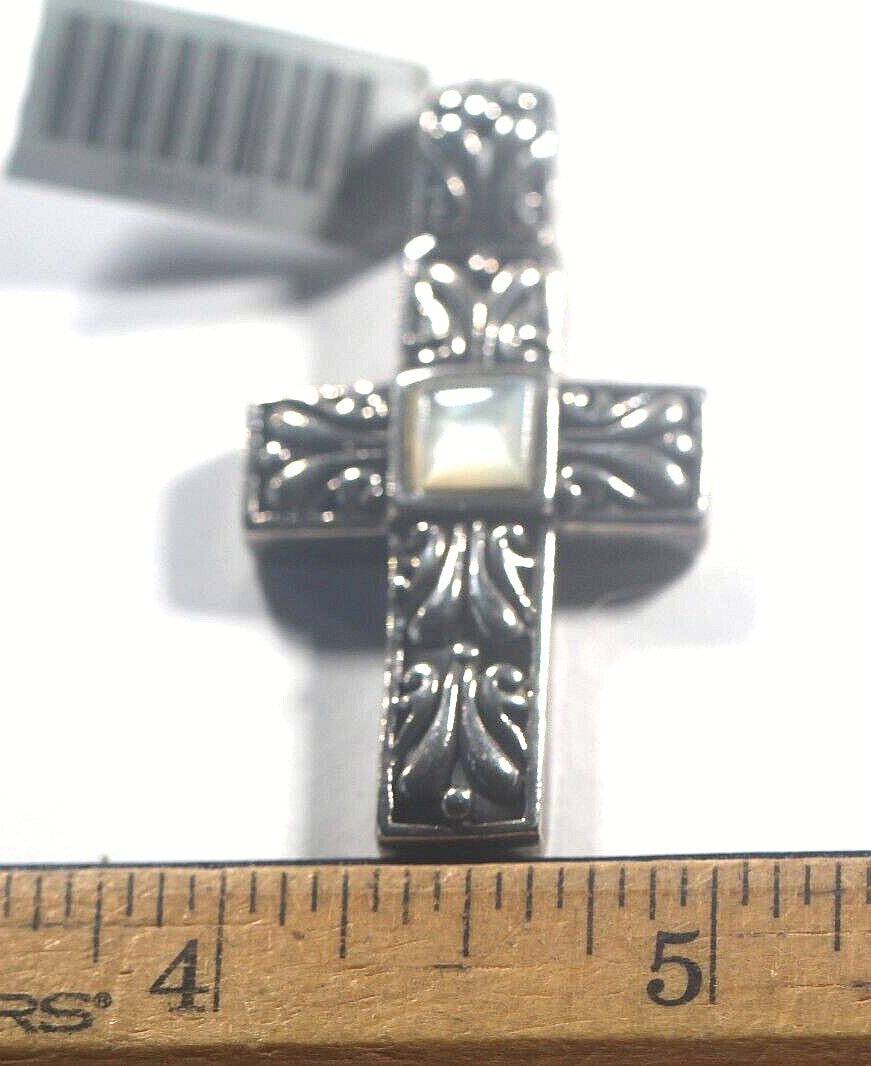 *VINTAGE* .925 LARGE SILVER MOTHER OF PEARL CROSS PENDANT