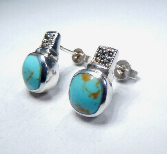 VINTAGE SOUTHWEST STERLING SILVER TURQUOISE & MARCASITE EARRINGS 3.7 Grams.