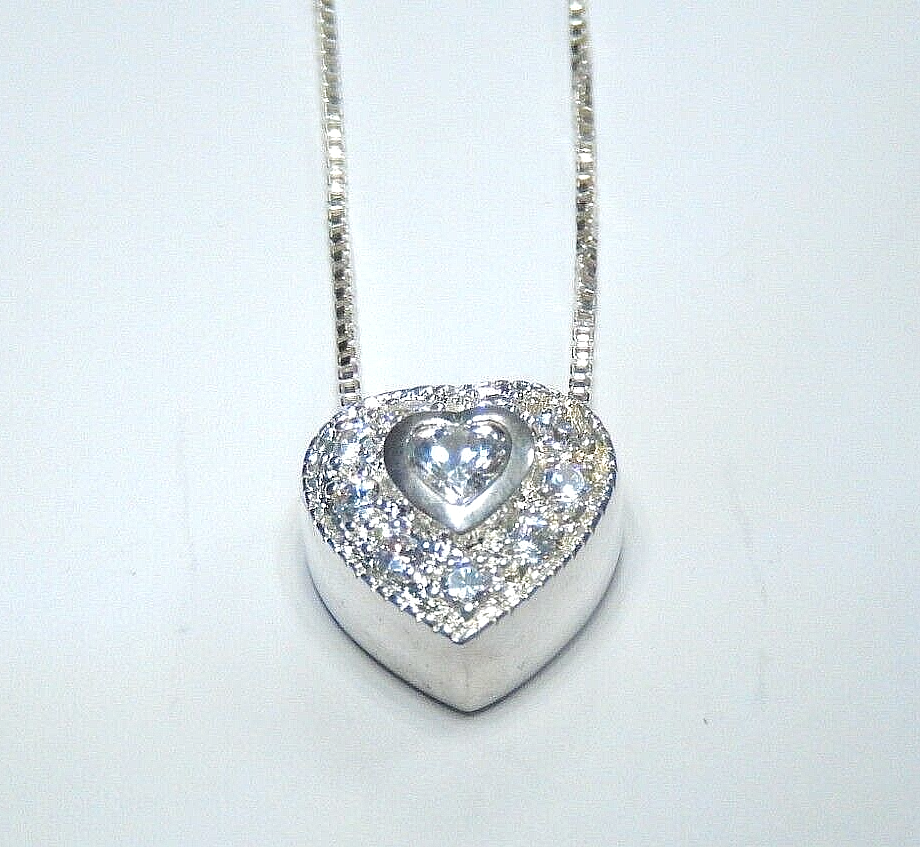 VINTAGE - Sterling Silver Clear CZ Heart Charm / Pendant w/18" Sterling Chain