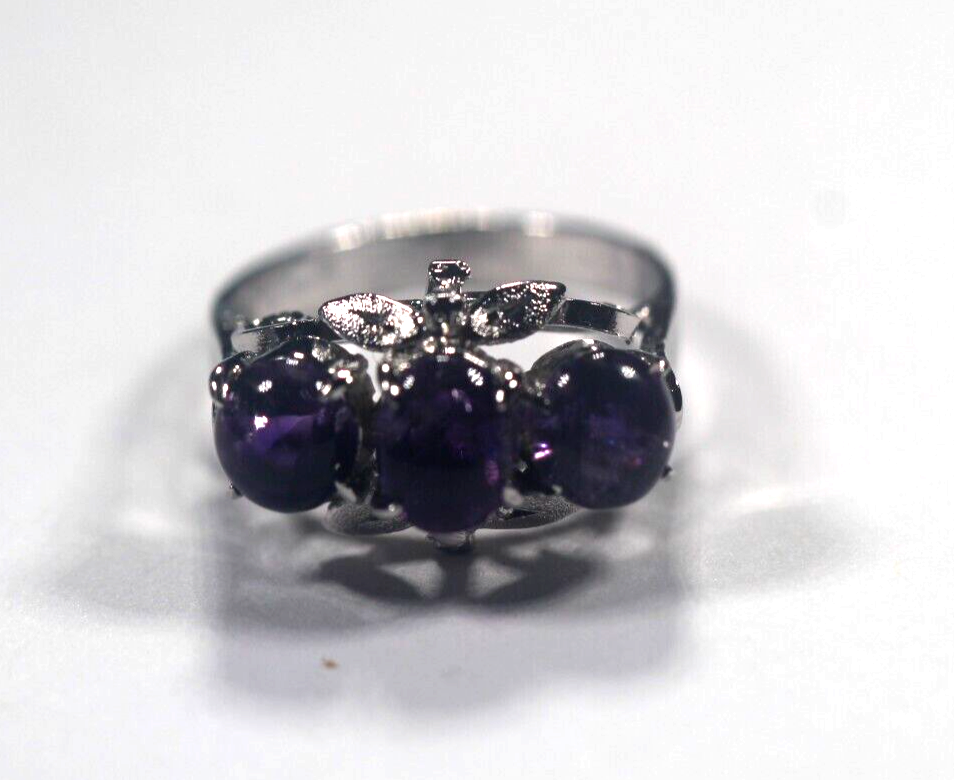 *VINTAGE* .925 Sterling Silver Amethyst Ring 3 Stone Oval Cabochon Sz 6.5