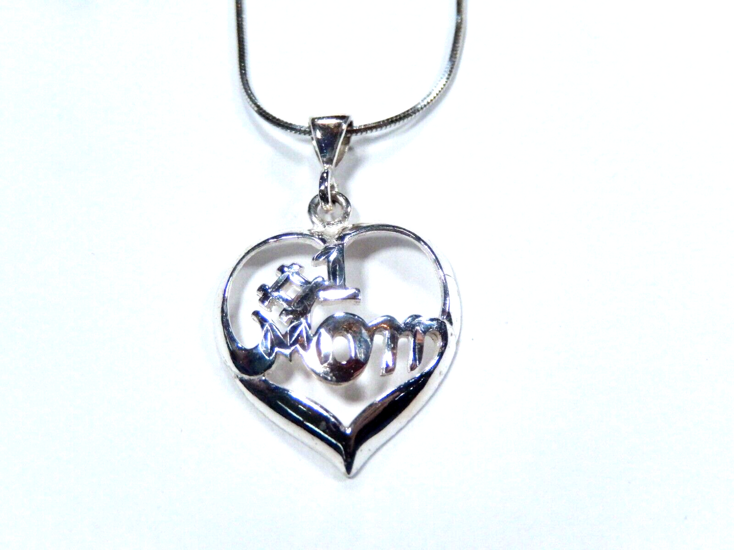 Sterling Silver #1 Mom Heart Pendant w/ 18" Sterling Snake Chain