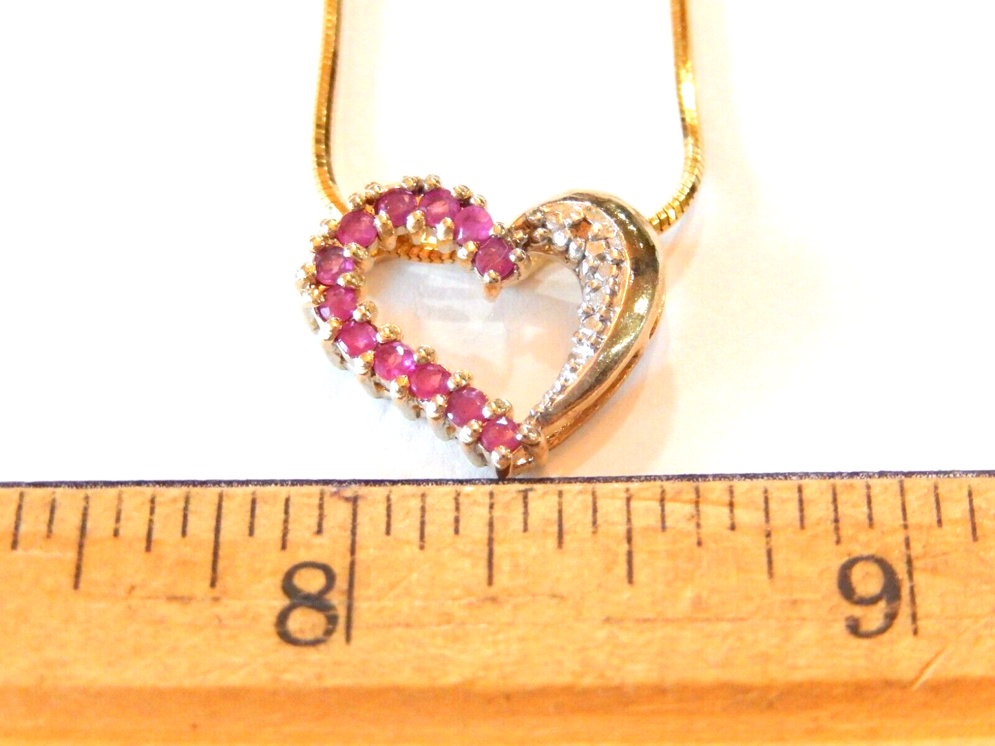 Gold Vermeil 925 Ruby  Diamond Heart Pendant Necklace w18 Smooth Chain
