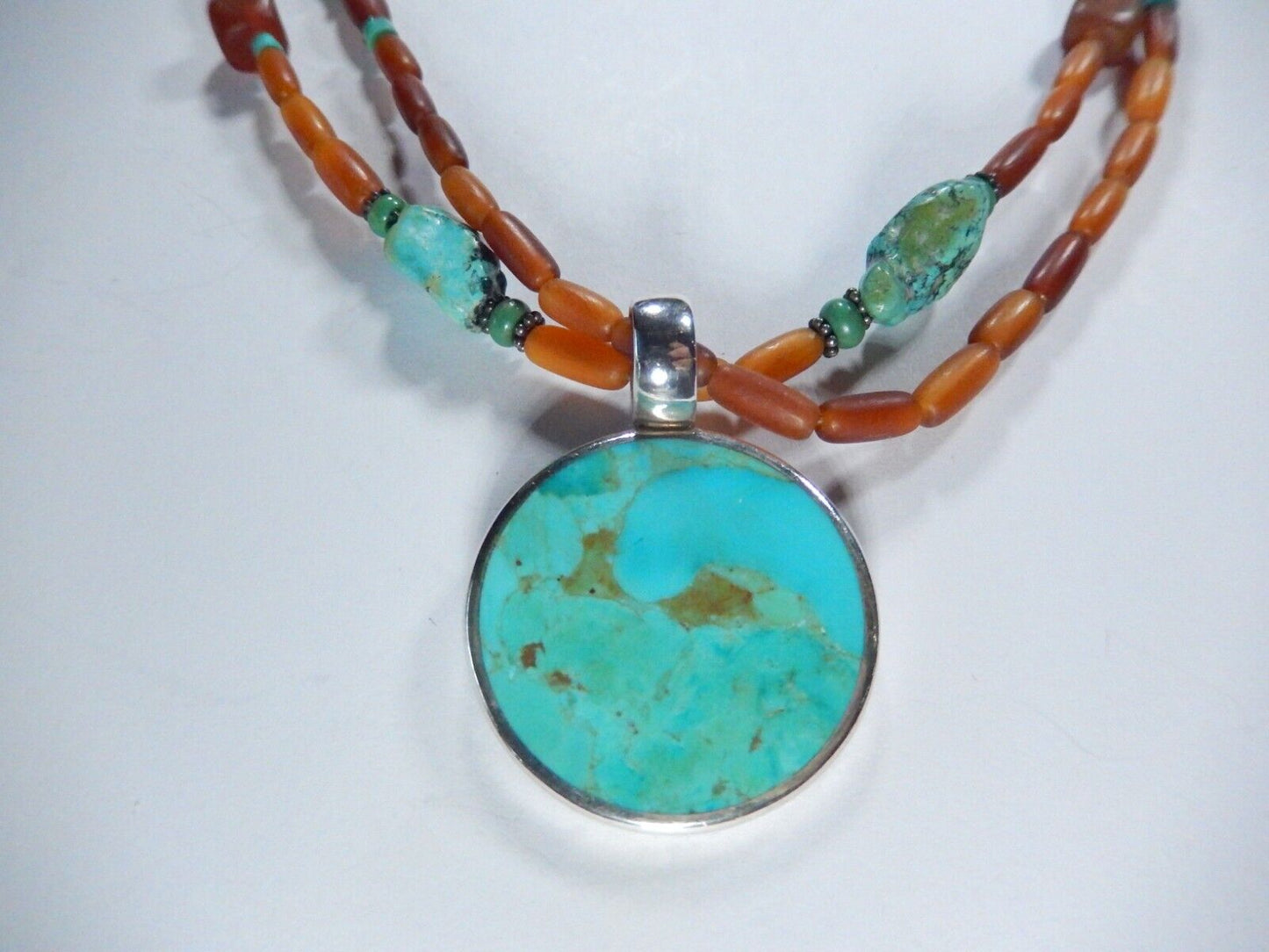 *VINTAGE* Sterling Silver 925 Turquoise Pendant On Beaded Necklace 16" - 18"