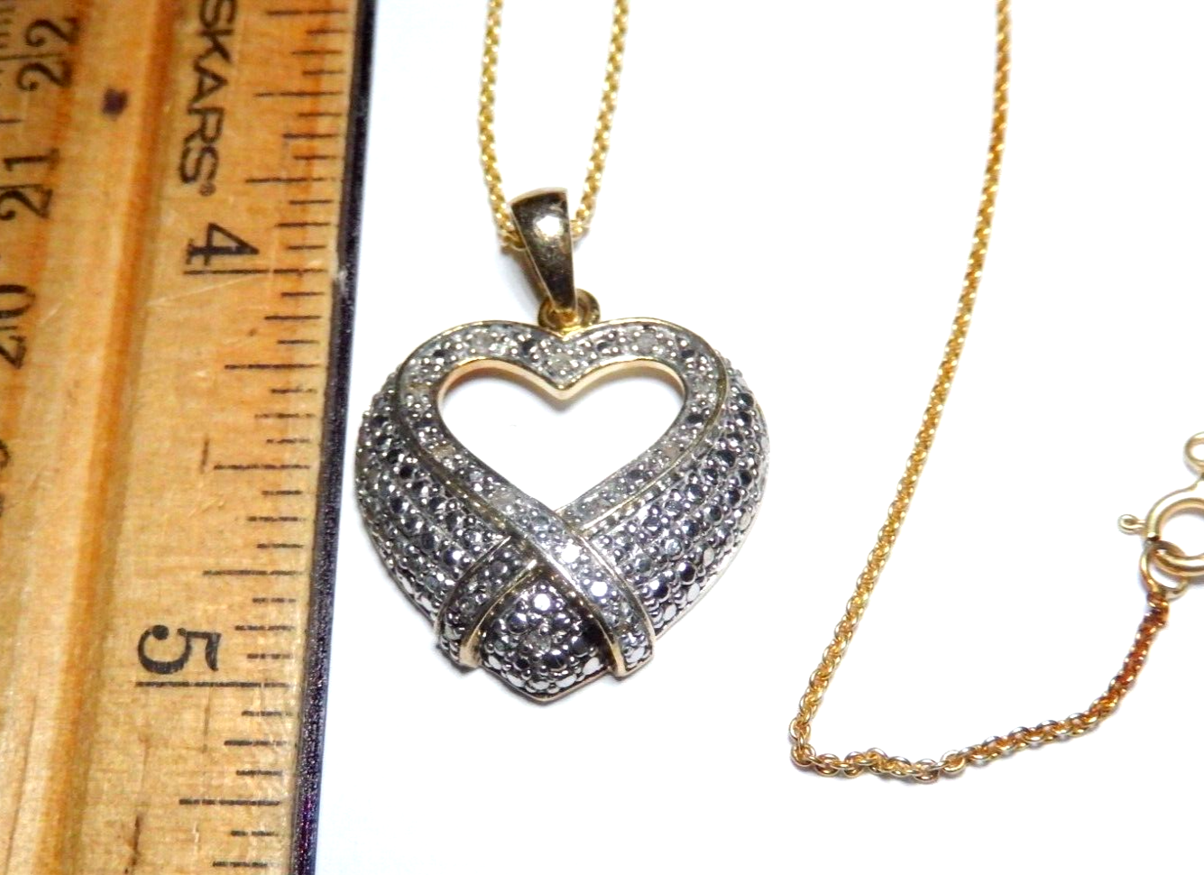 VINTAGE Gold Vermeil 925 Heart 17 Diamond Pendant w 18 Gold Vermeil Chain
