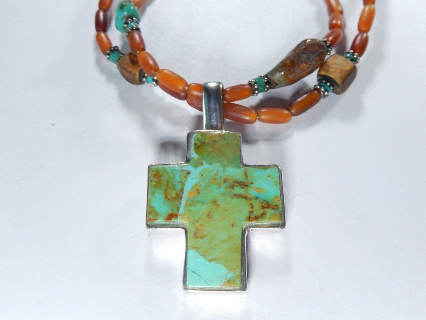VINTAGE* Southwest Sterling Silver Turquoise Cross Pendant & Beaded 17"Necklace