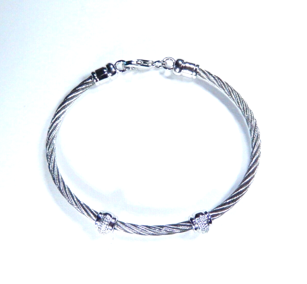 ~Women's Sterling Silver & Stainless Steel Diamond Twist Bead Bracelet Size = 7"