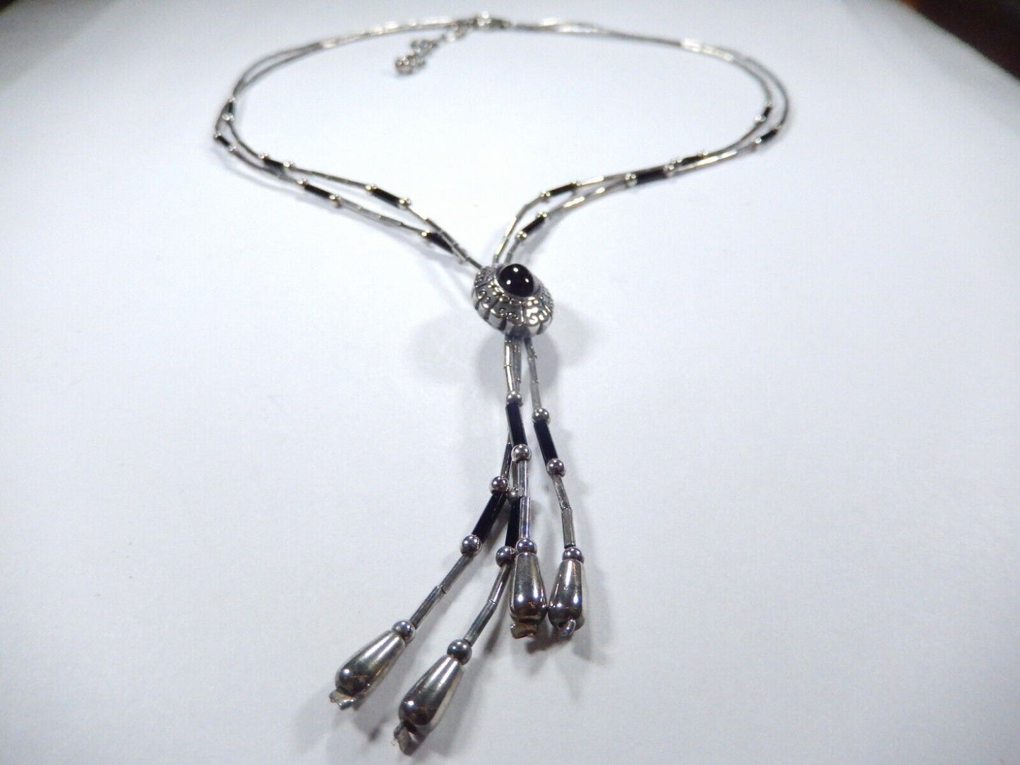 Vintage  Liquid Silver Tone & Black Stone Multi Strand Southwest 18" Necklace