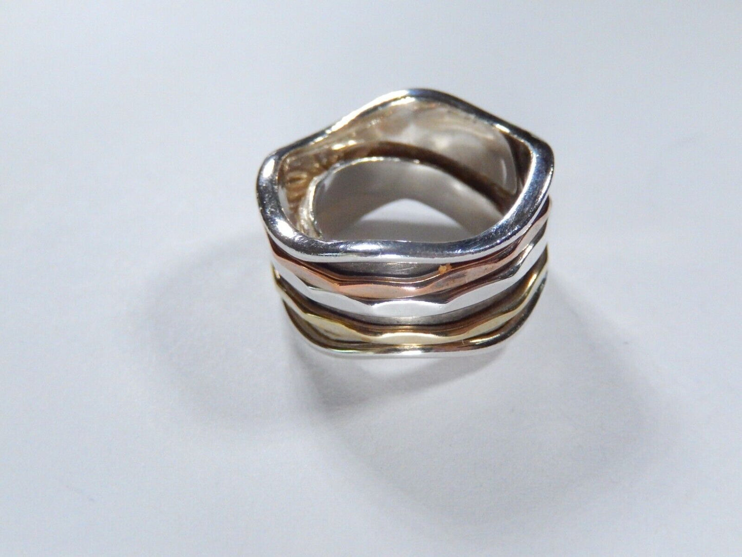 Sterling Silver Spinner Ring w/ Brass Copper & Sterling Silver Bands Sz 7.5