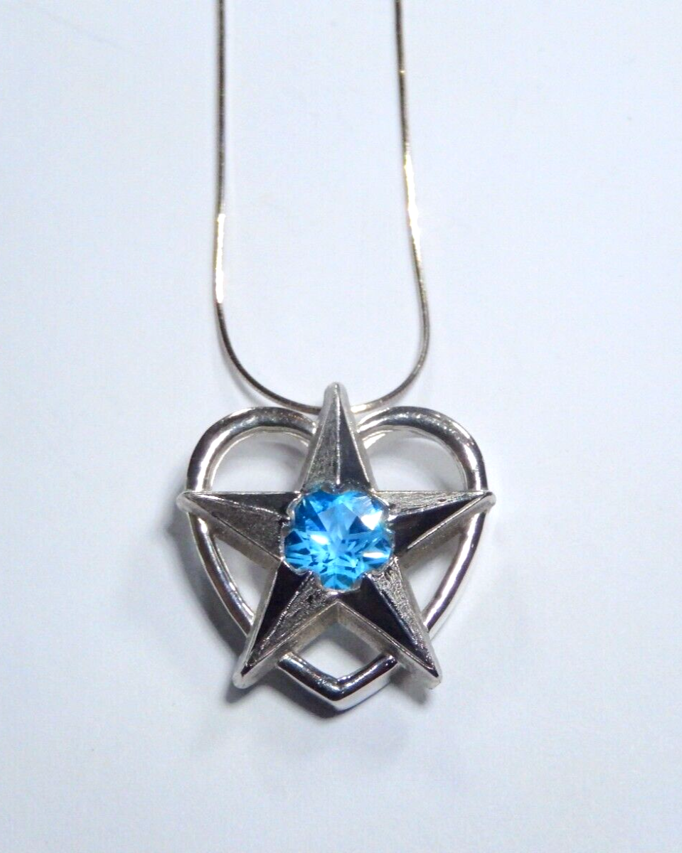 Texas Star & Heart Blue Topaz 925 Sterling Silver Pendant w/ 18" Sterling Chain