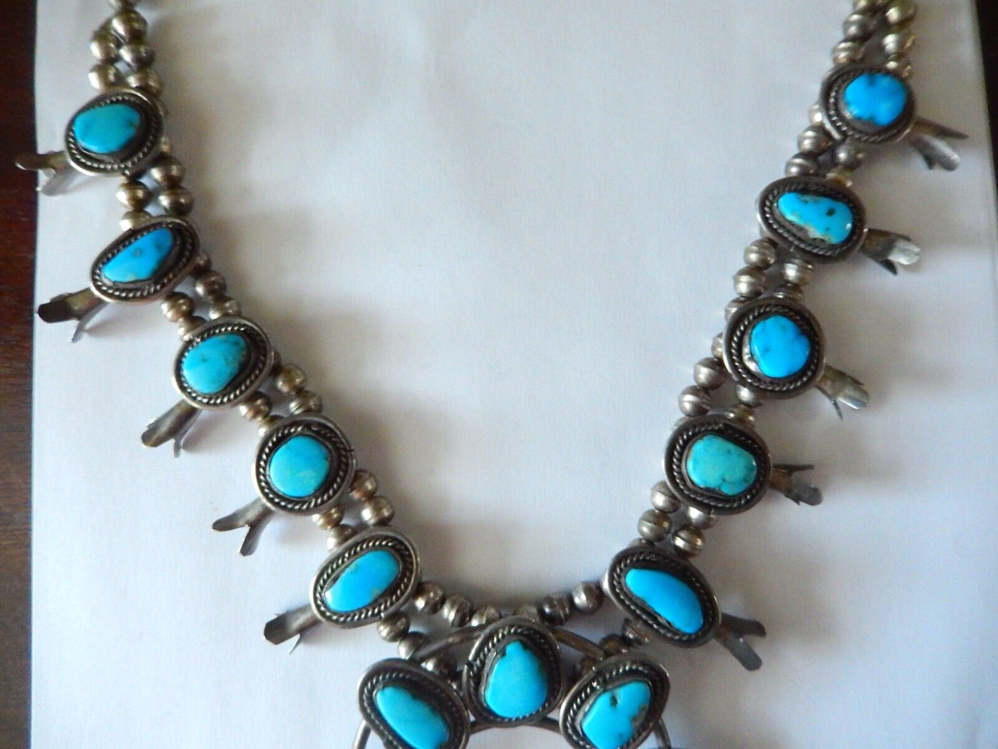 Vintage Navajo Sterling Silver & Turquoise Squash Blossom Necklace 155 gm - 24"