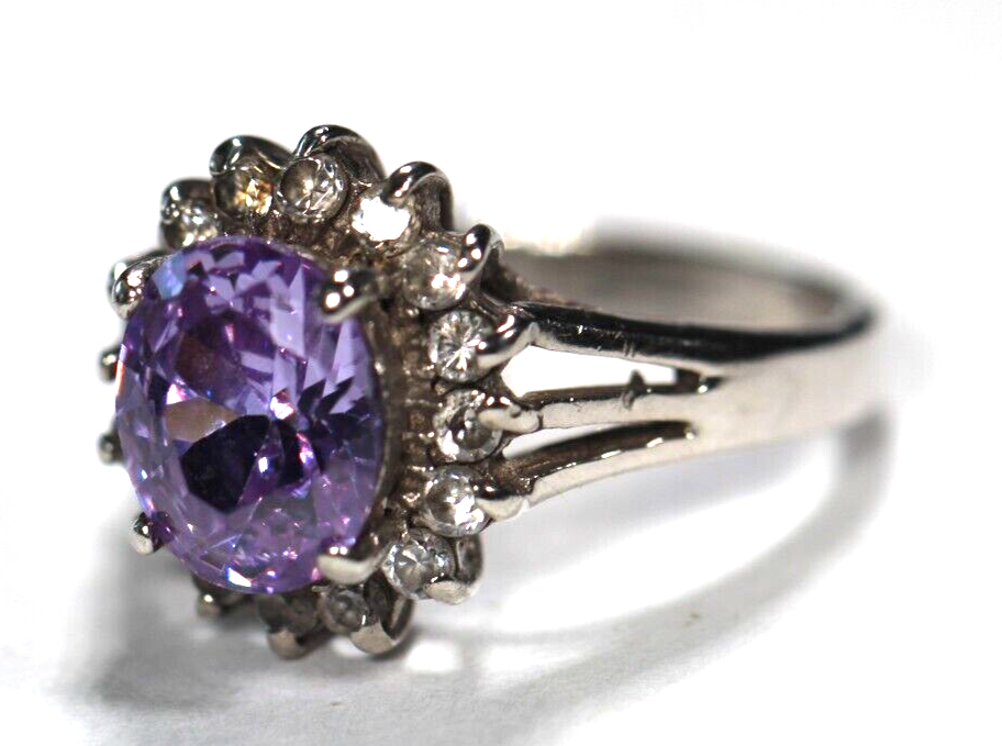 *VINTAGE* Sterling Silver  3.0 CT Amethyst and Accents Stones Halo Ring Size 7.5