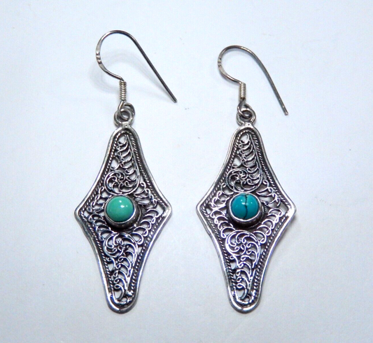 Southwest Style Sterling Silver Turquoise Filigree Dangle Wire Earrings