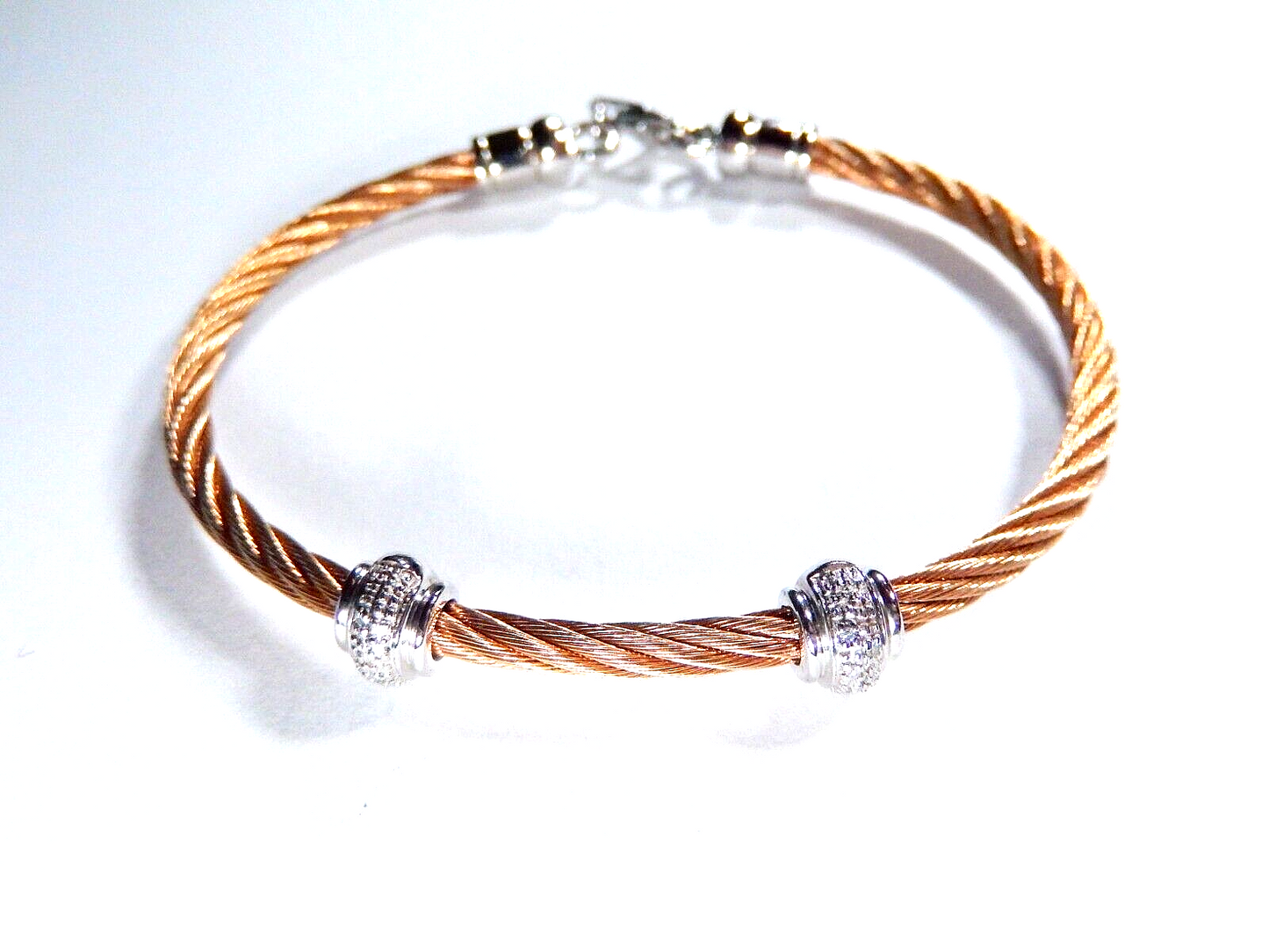 Sterling Silver Rose Gold Tone Stainless Steel Diamond Twist Bead Bracelet  - 7"