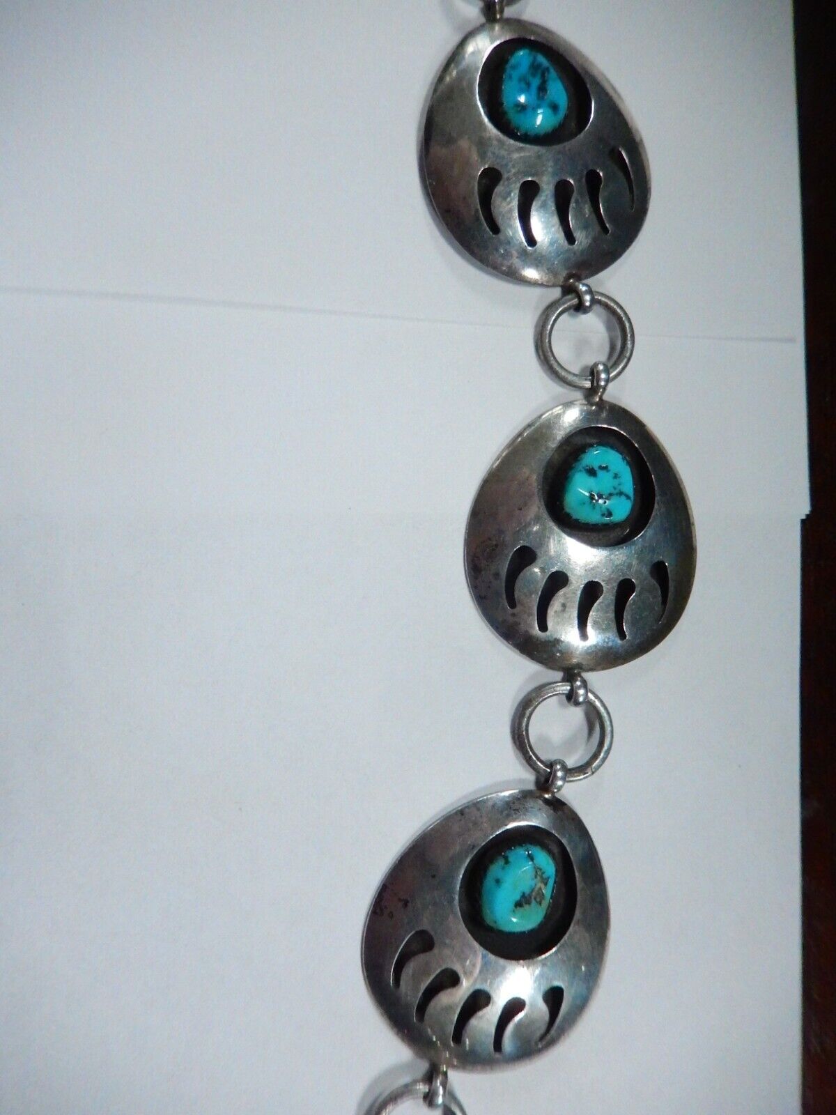 Vintage Navajo 36” Concho Belt / Necklace Sterling Silver Bear Claw Turquoise