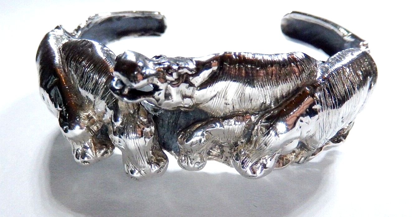 *VINTAGE*  3D Sterling Silver Hippopotamus Cuff Bracelet-53 grams