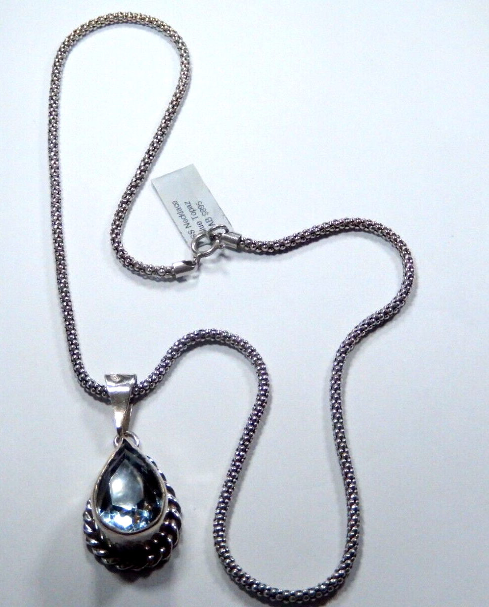*VINTAGE* Mexico Large Sterling Silver 12.0 CT Blue Topaz Pendant w/20" Lg Chain