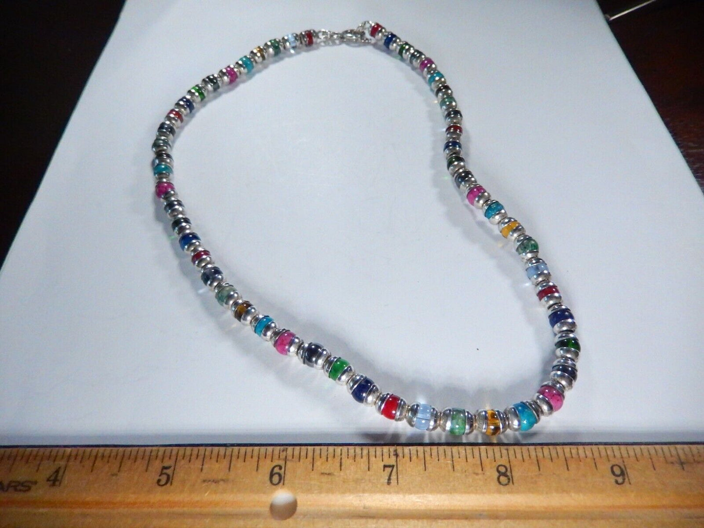 *VINTAGE* Multi Gemstone Beads w/ Sterling Bead Caps &Toggle Clasp Necklace 18"