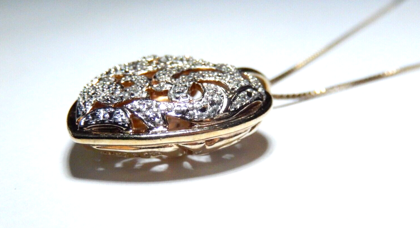 VINTAGE Gold Vermeil 925 Filigree Puffed Heart Diamond Pendant w18 Chain