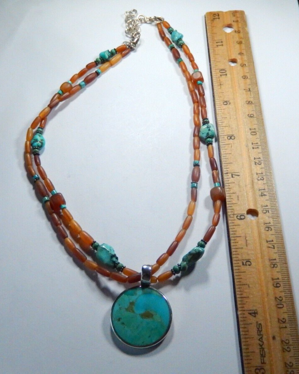 *VINTAGE* Sterling Silver 925 Turquoise Pendant On Beaded Necklace 16" - 18"