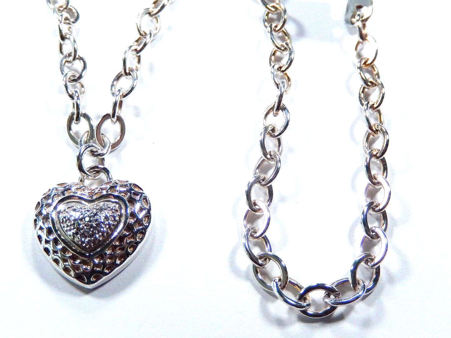 Sterling Silver Signed V 925 Diamond Cluster Heart Pendant w/Heavy Rolo Chain