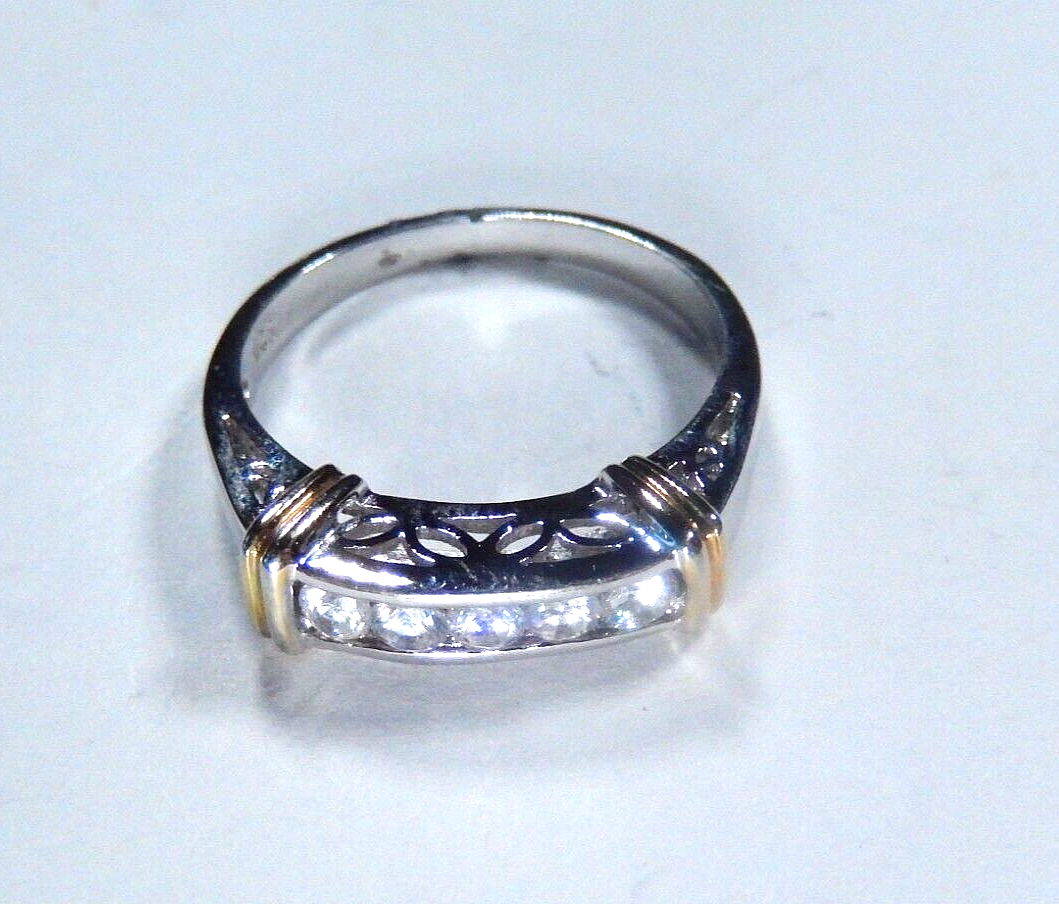 White Round CZ Two Tone Sterling Silver Engagement Wedding Band Ring Sz 8