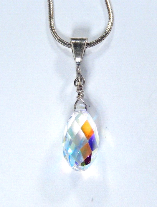 *VINTAGE*  Sterling Silver Crystal Solitaire Pendant w/18" Sterling Snake Chain