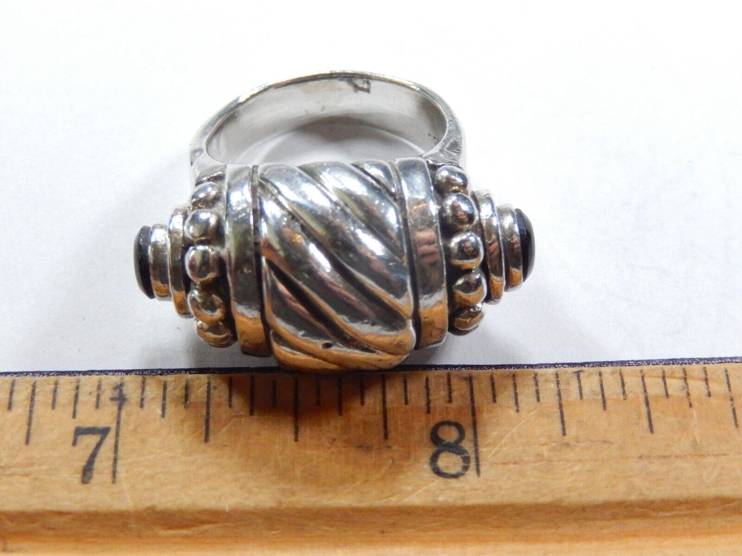 VINTAGE LARGE HEAVY BLACK ONYX STERLING SILVER 925 RIBBED RETRO RING Size 7