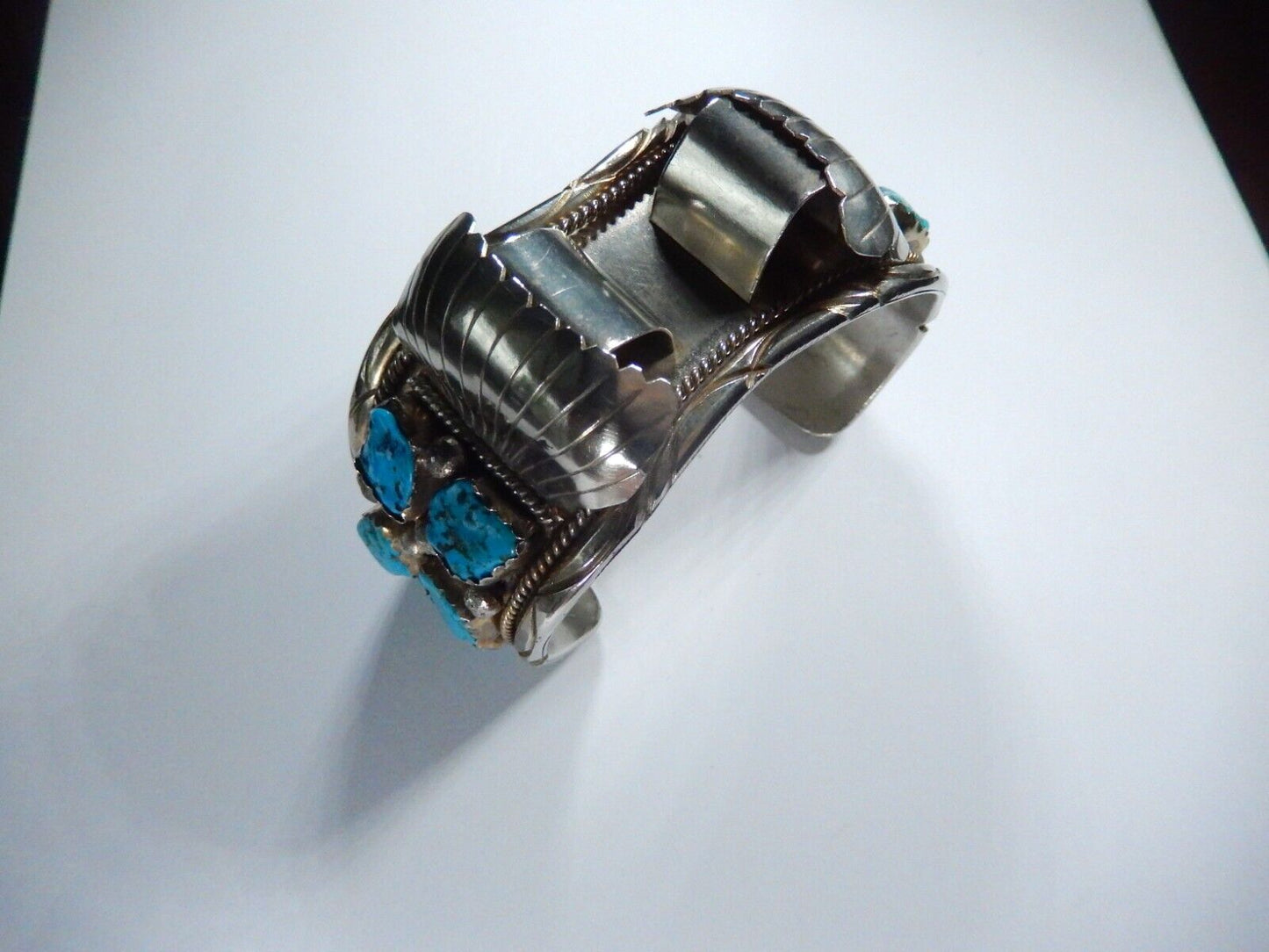 VTG Mens Native American Navajo Sterling Silver Turquoise Watch Cuff Bracelet