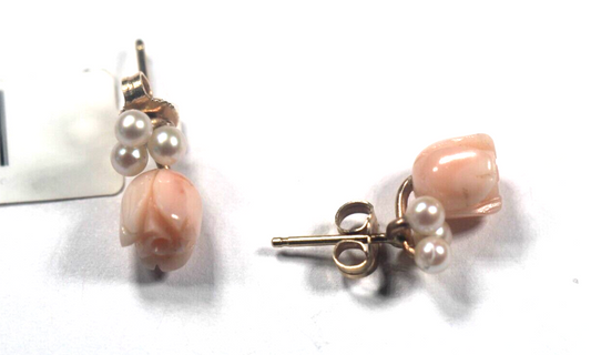 *VINTAGE* 14K Yellow Gold Pink Salmon Coral & Pearl ROSE FLOWER Stud Earrings