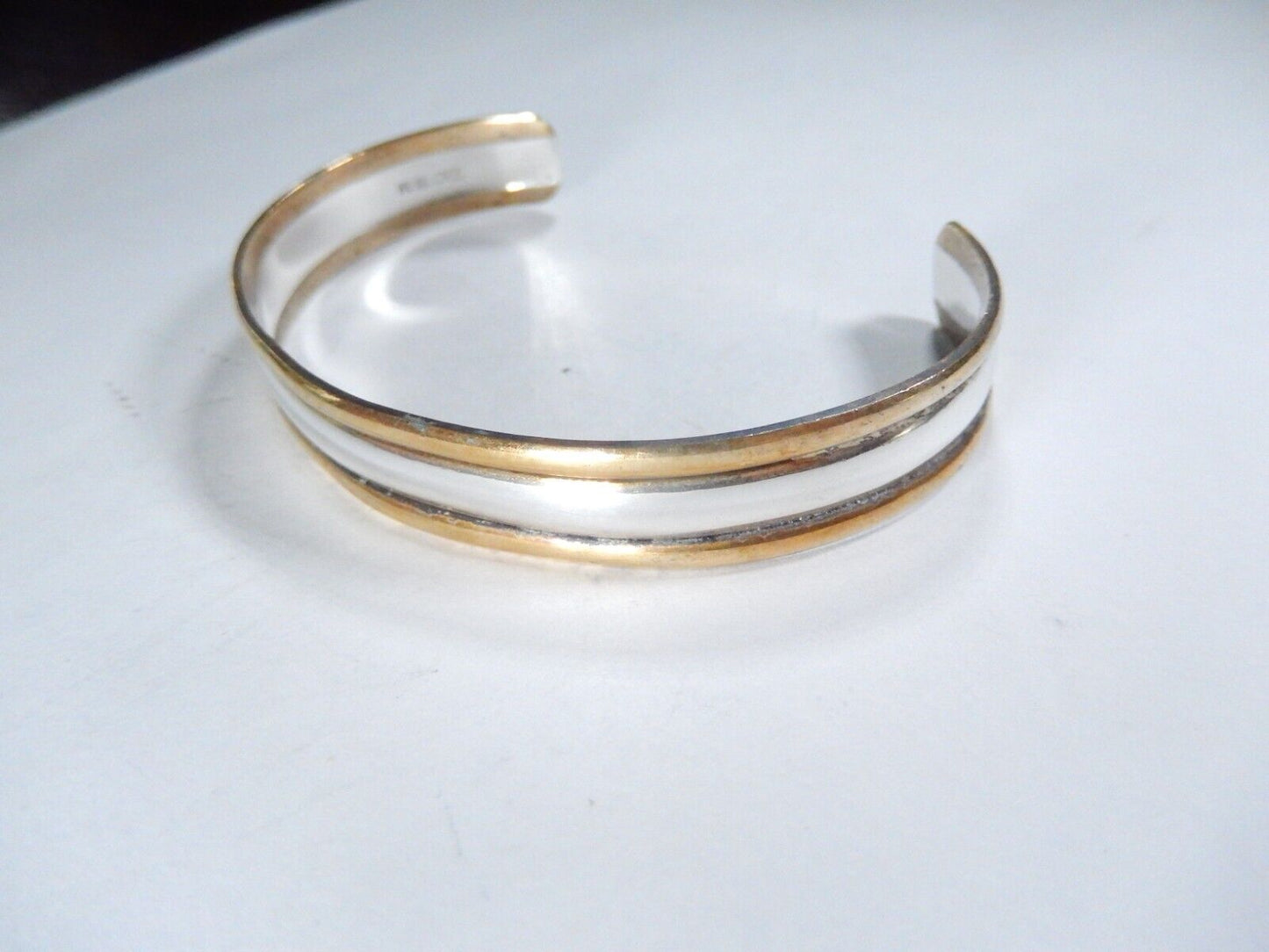 *VINTAGE*  MEXICO 925 Sterling Silver Brass Rim Cuff Bracelet 7/16" Wide - 14.8G