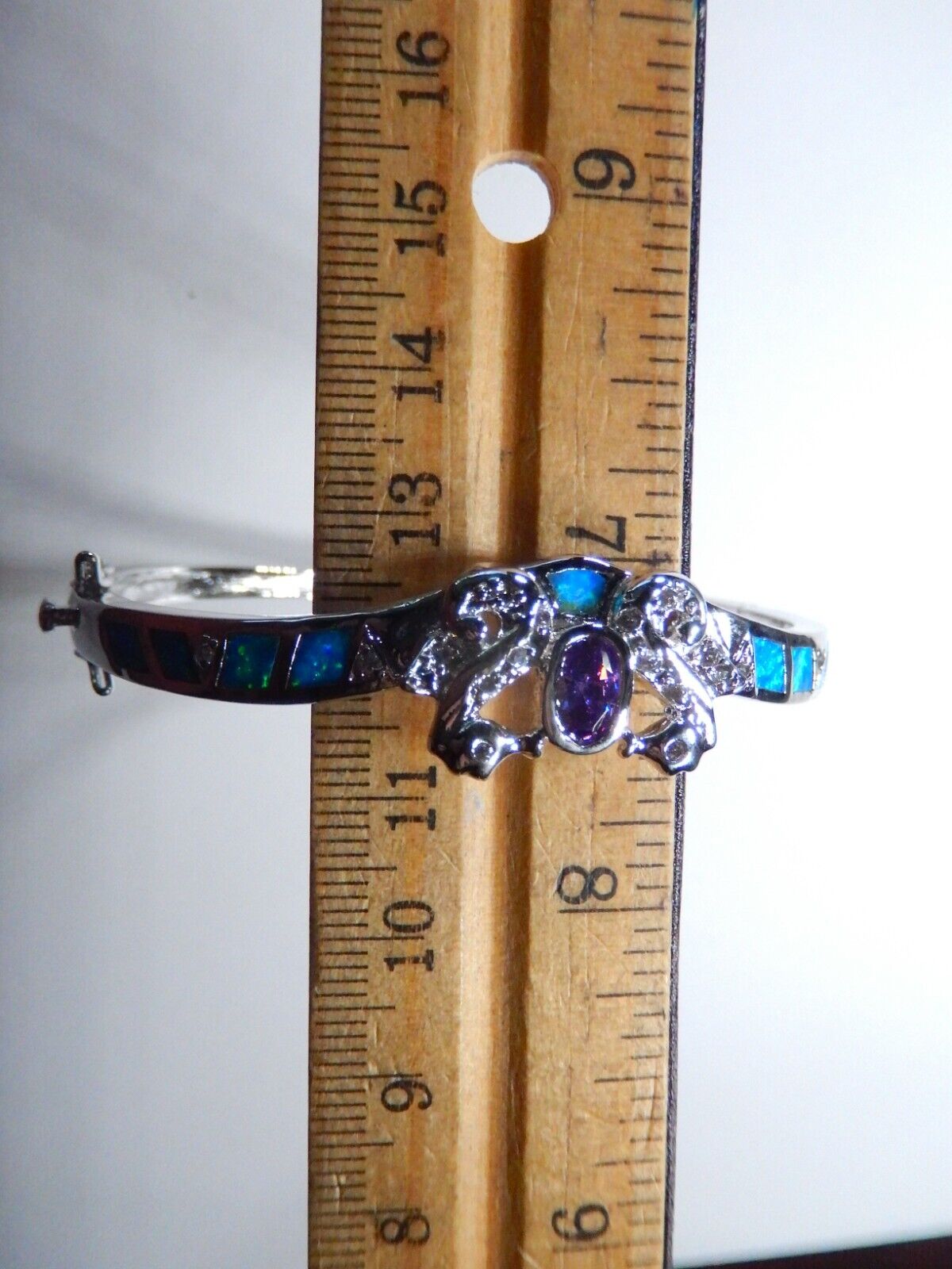 Amethyst & Australian Opal Inlay 925 Sterling Silver Bangle Bracelet