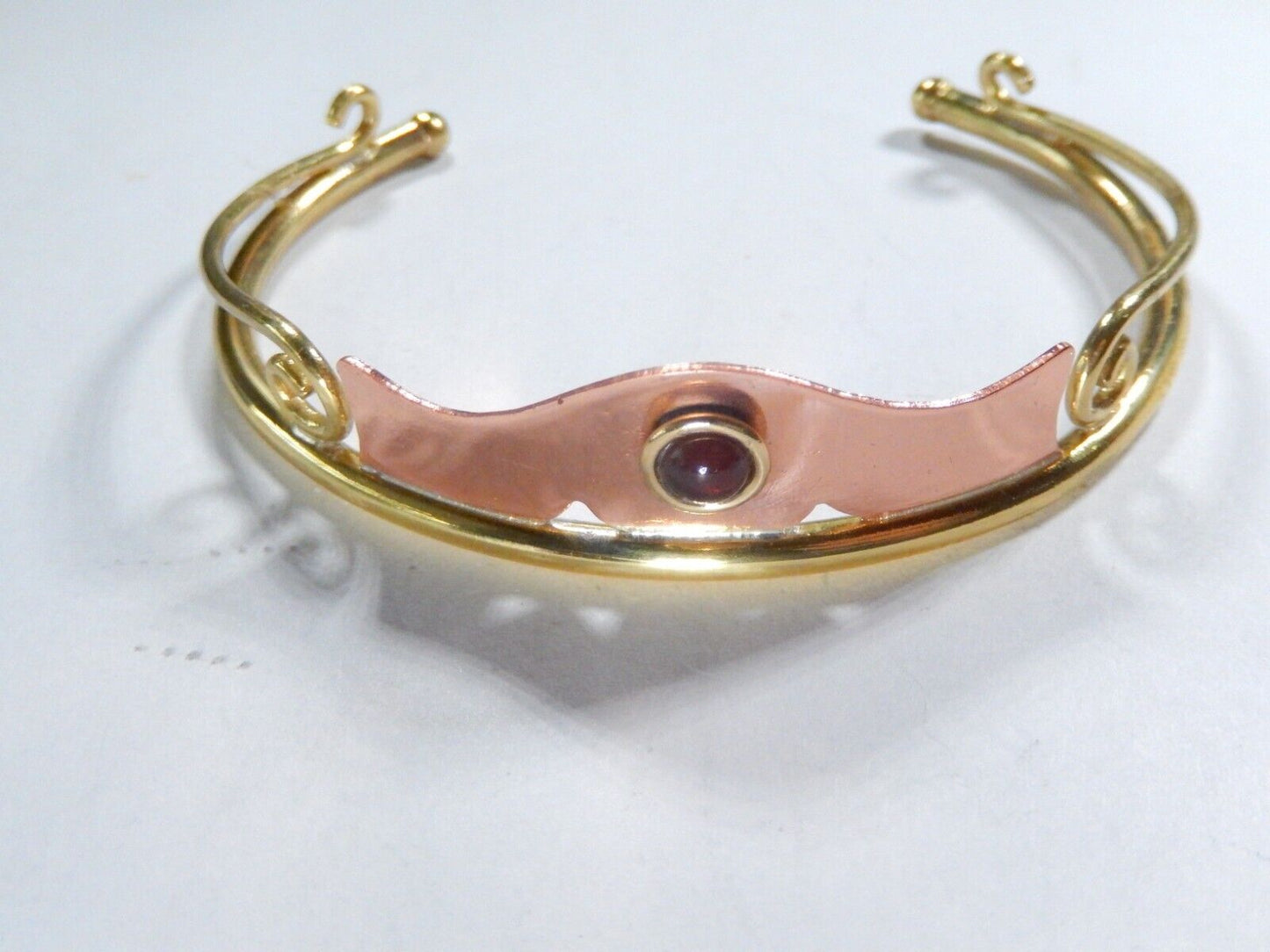 VINTAGE -  Chris Anderson Brass & Copper  Garnet Stone Artisan Cuff Bracelet