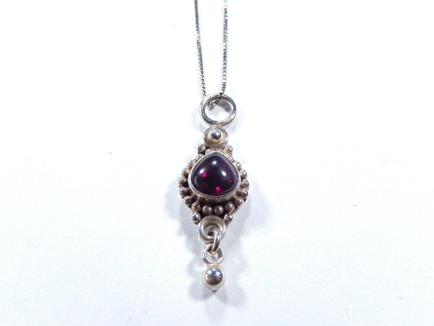BOHO Solid 925 Sterling Silver Beaded Red Garnet Teardrop Pendant w/16" Chain
