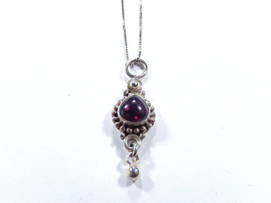 BOHO Solid 925 Sterling Silver Beaded Red Garnet Teardrop Pendant w/16" Chain