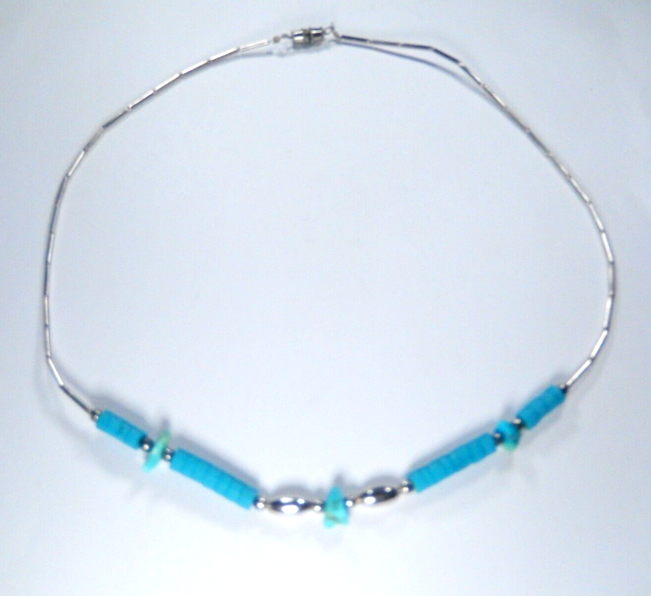 VTG Native American Liquid Sterling Silver Heishi Bead Turquoise Nugget Necklace