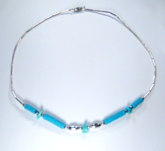 VTG Native American Liquid Sterling Silver Heishi Bead Turquoise Nugget Necklace