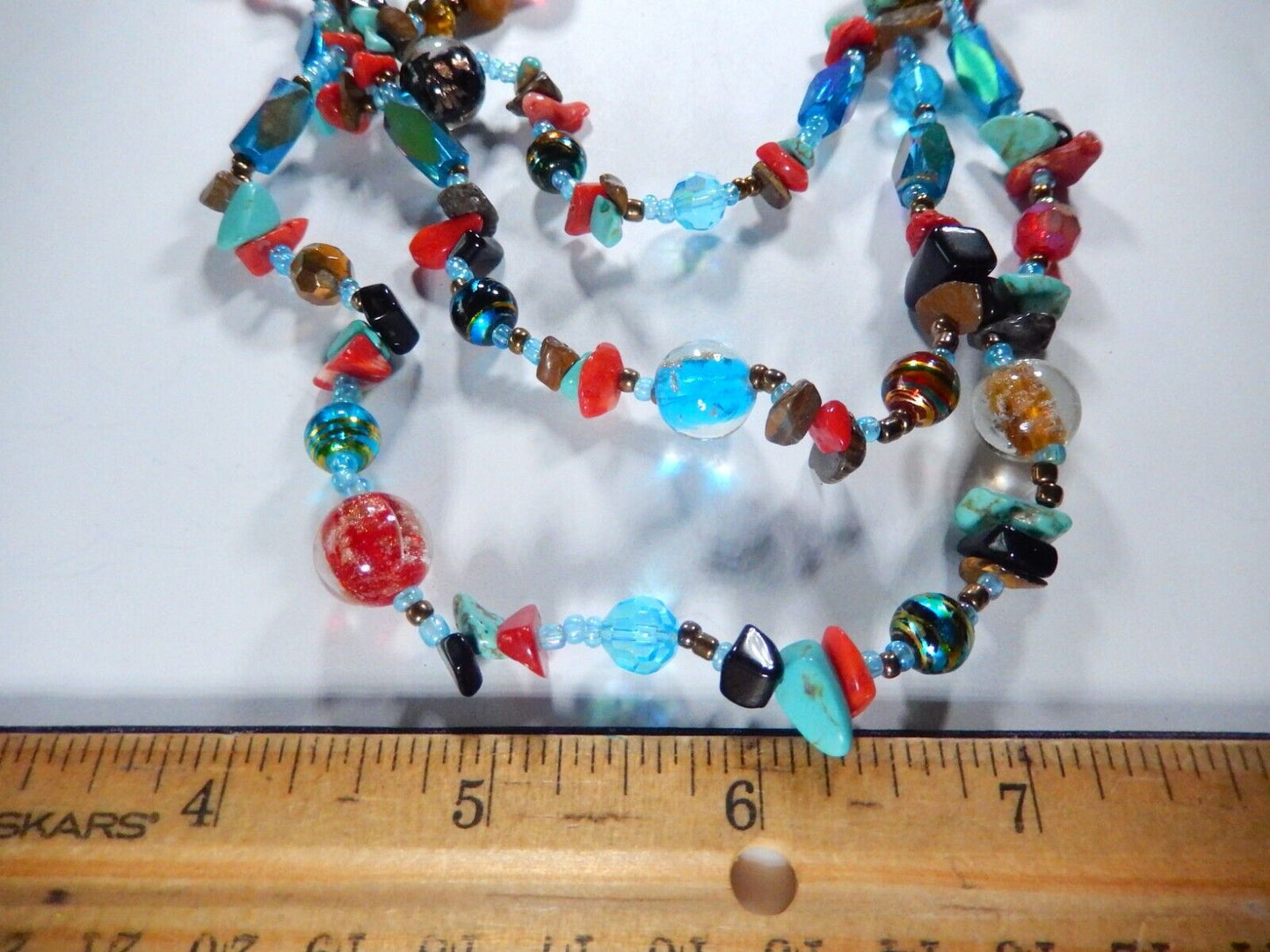 Three strand turquoise stone and glass bead silver tone link necklace 16" - 18"