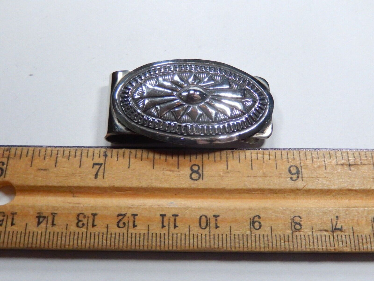 Vintage Native American Hand Stamped Sterling Silver Concho Money Clip 17.6 gram
