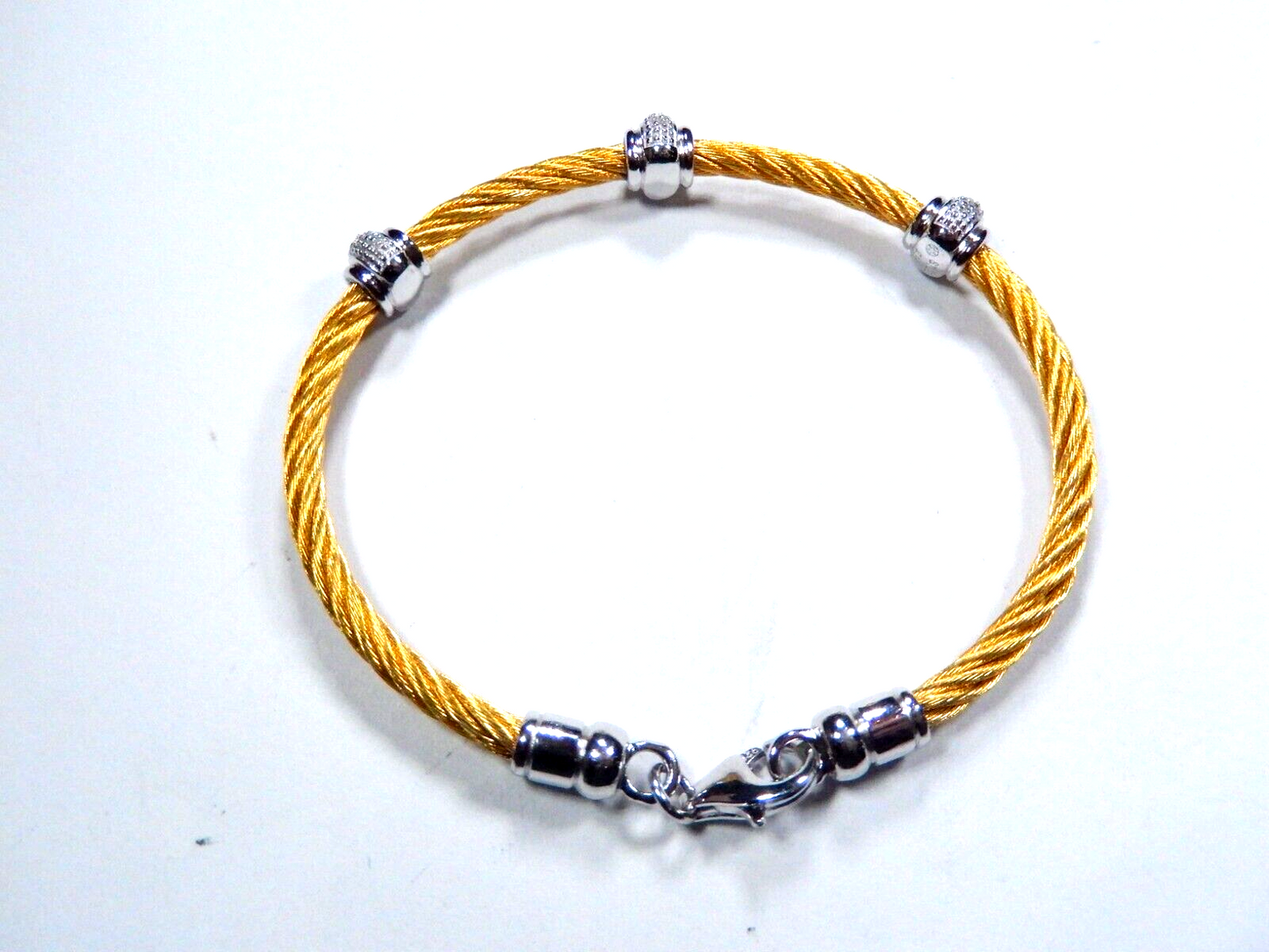 Sterling Silver  Gold Tone Stainless Steel Diamond Twist Bead Bracelet Size -7"