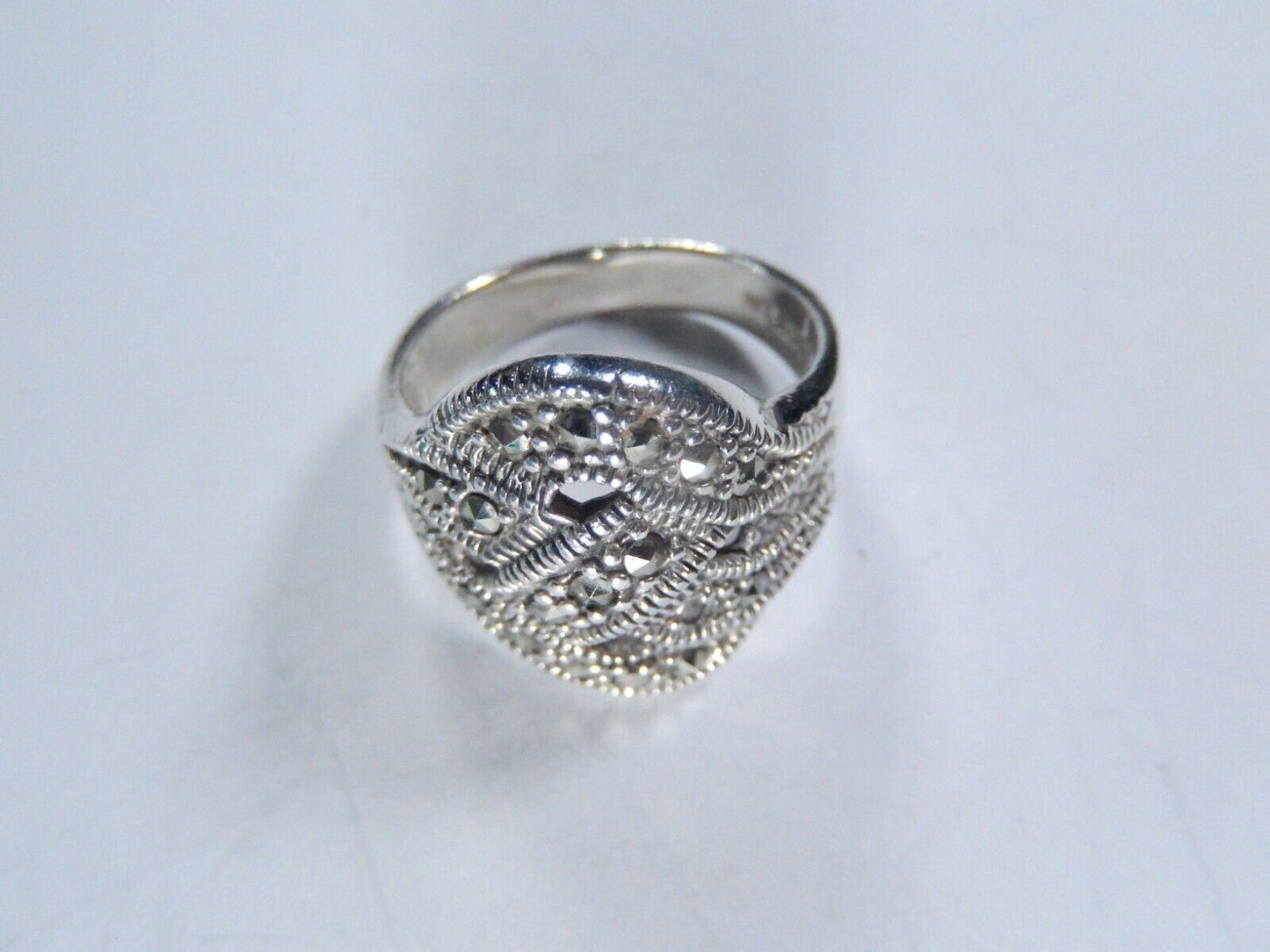 *VINTAGE*  Marcasite 18 mm Oval Dome Ring Sterling Silver Shank Size 7
